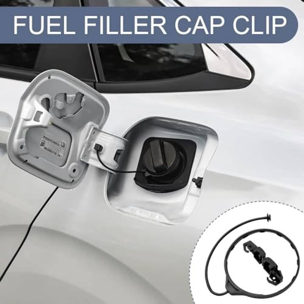 Black fuel filler cap cover clip and tether strap shown on a vehicle fuel door
