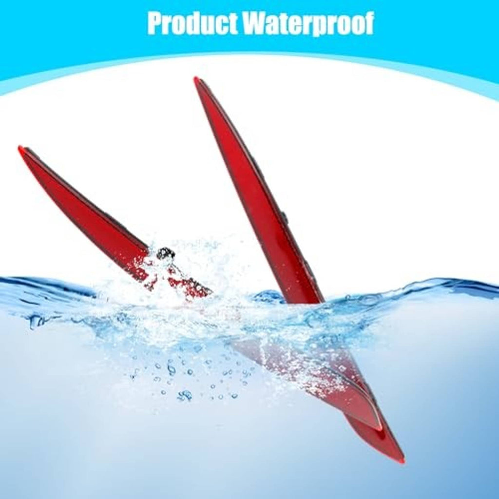 Waterproof red rear bumper reflector lenses shown with water splash effect
