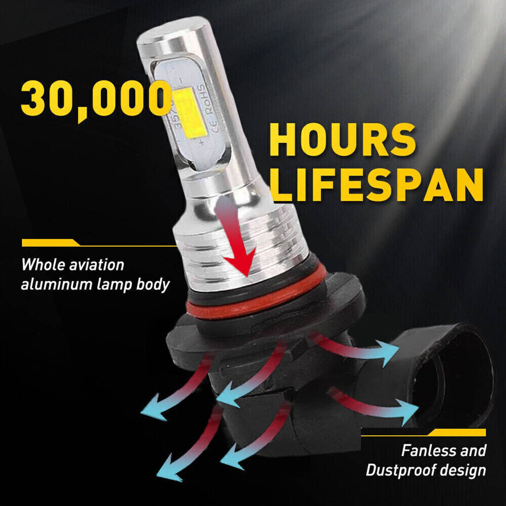 LED headlight bulb with cooling arrows around aluminum body and black rubber cap