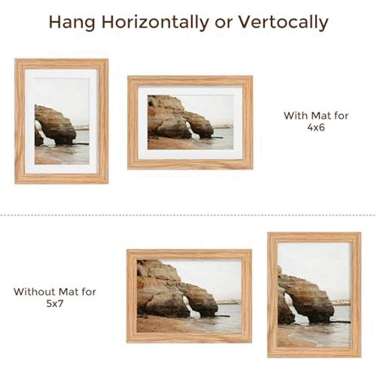 Oak 5x7 picture frames shown for horizontal or vertical display, with and without mat