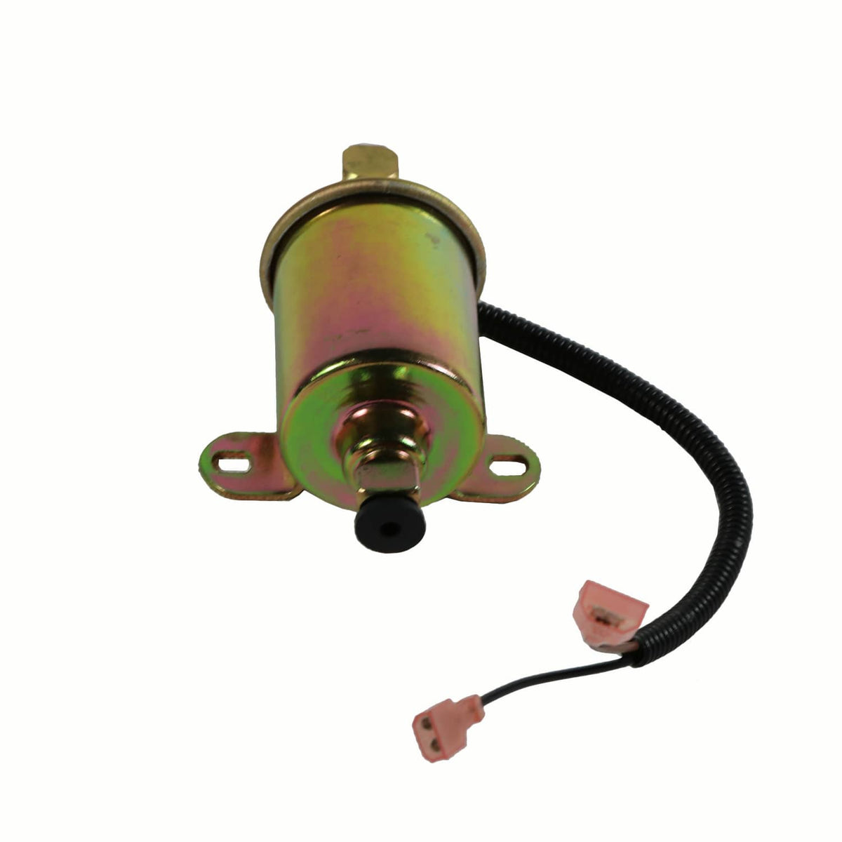 Electric fuel pump canister with side mounting tabs and black cable with two connectors