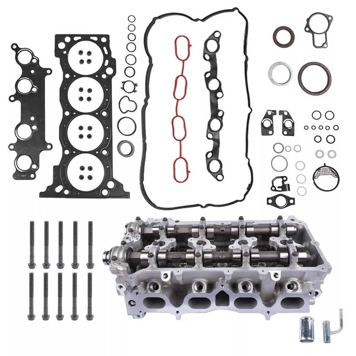 Cylinder head gasket kit with black gaskets, bolt hardware, and sealing rings