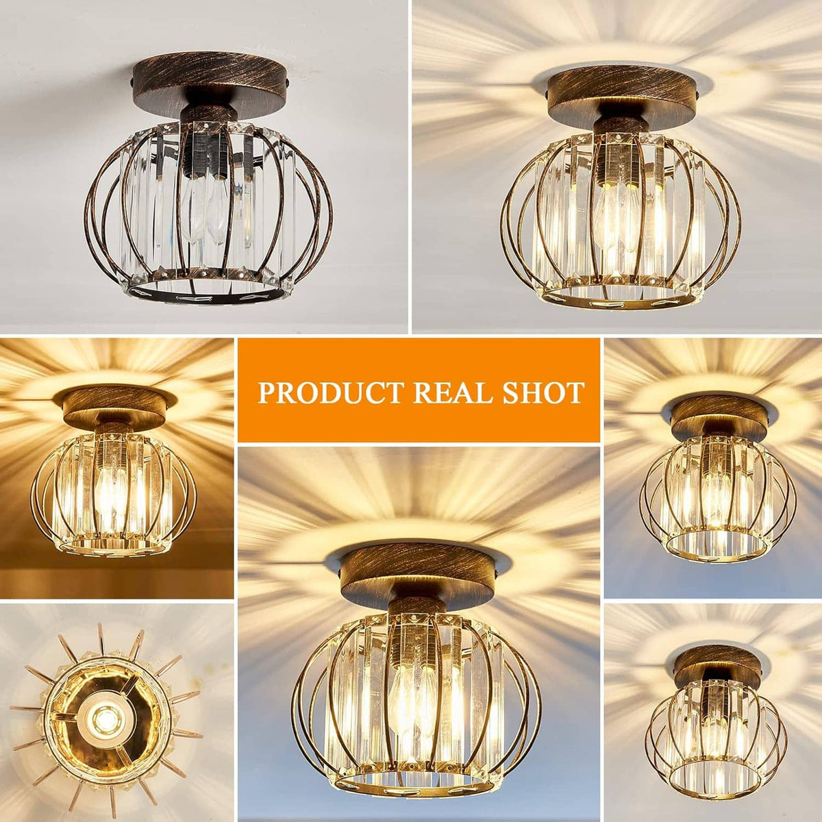Oil-rubbed bronze semi-flush crystal chandelier ceiling light with clear glass cage
