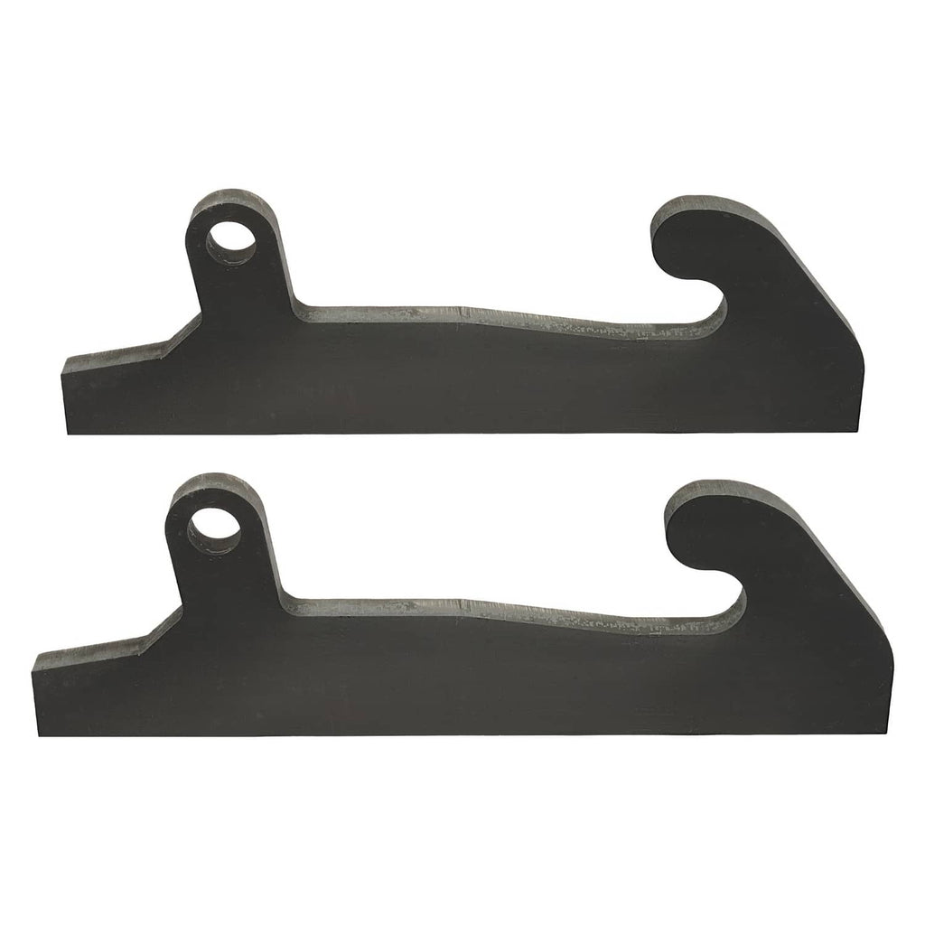 Pair of black loader quick-attach brackets with circular mounting holes and curved slots