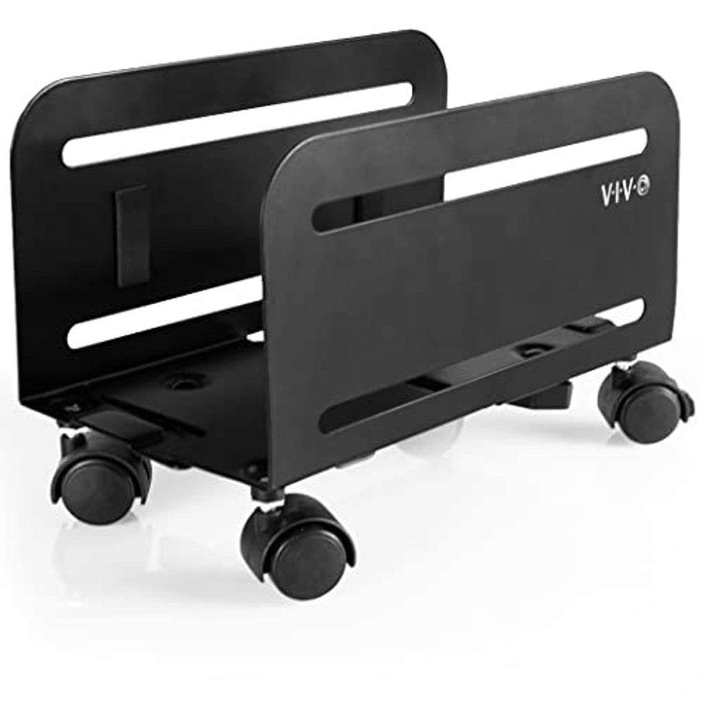 Black mid-tower PC case cart on caster wheels with front vent opening