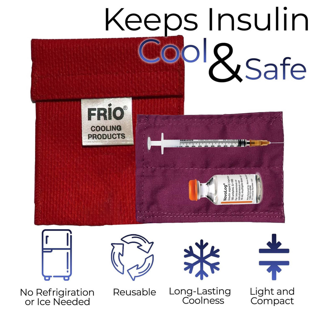 Red FRIO cooling wallet with purple pocket holding vial and syringe