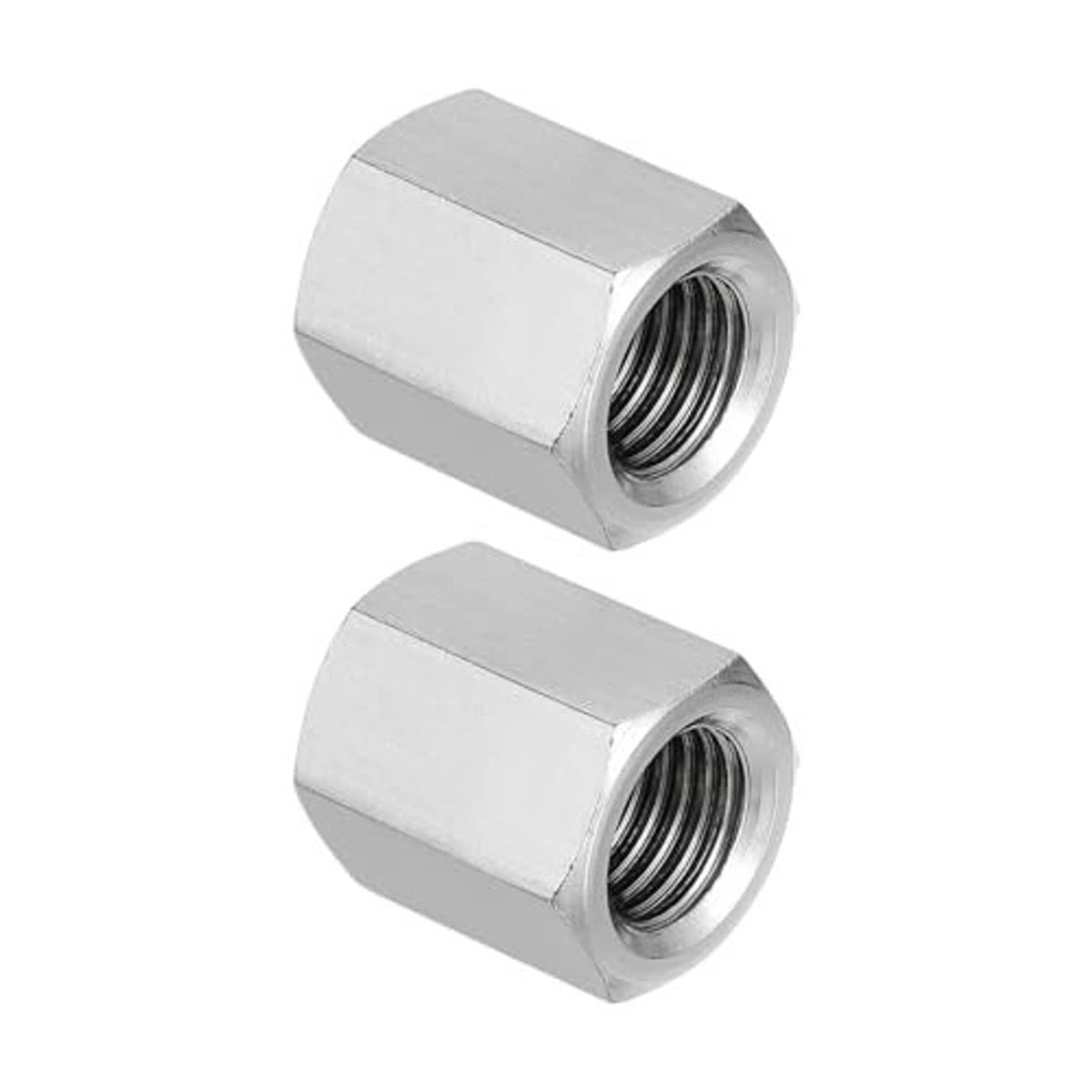 Two hex coupling nuts with internal threads, polished 304 stainless steel