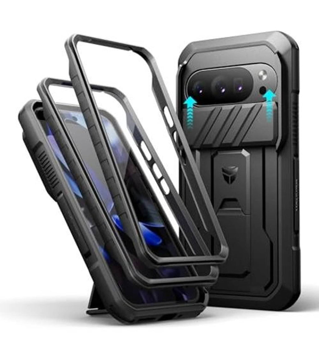 Black rugged phone case with slide camera cover and dual front frames, angled view