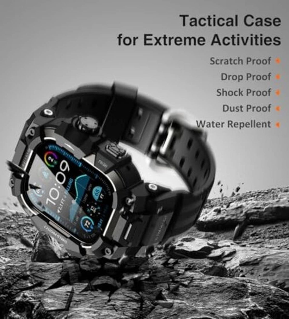 Black rugged watch case with band showing digital screen, protective armor design