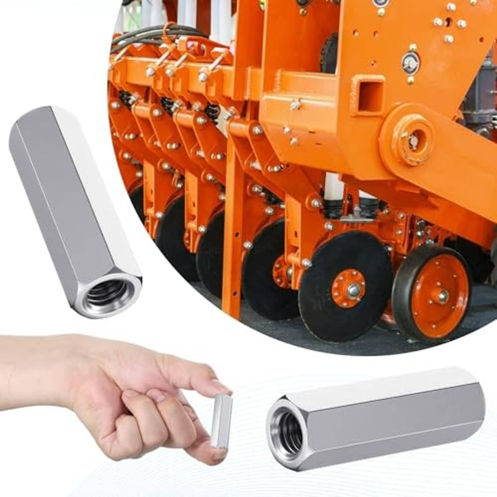 Hex coupling nut being held for installation, silver metal, threaded internal bore