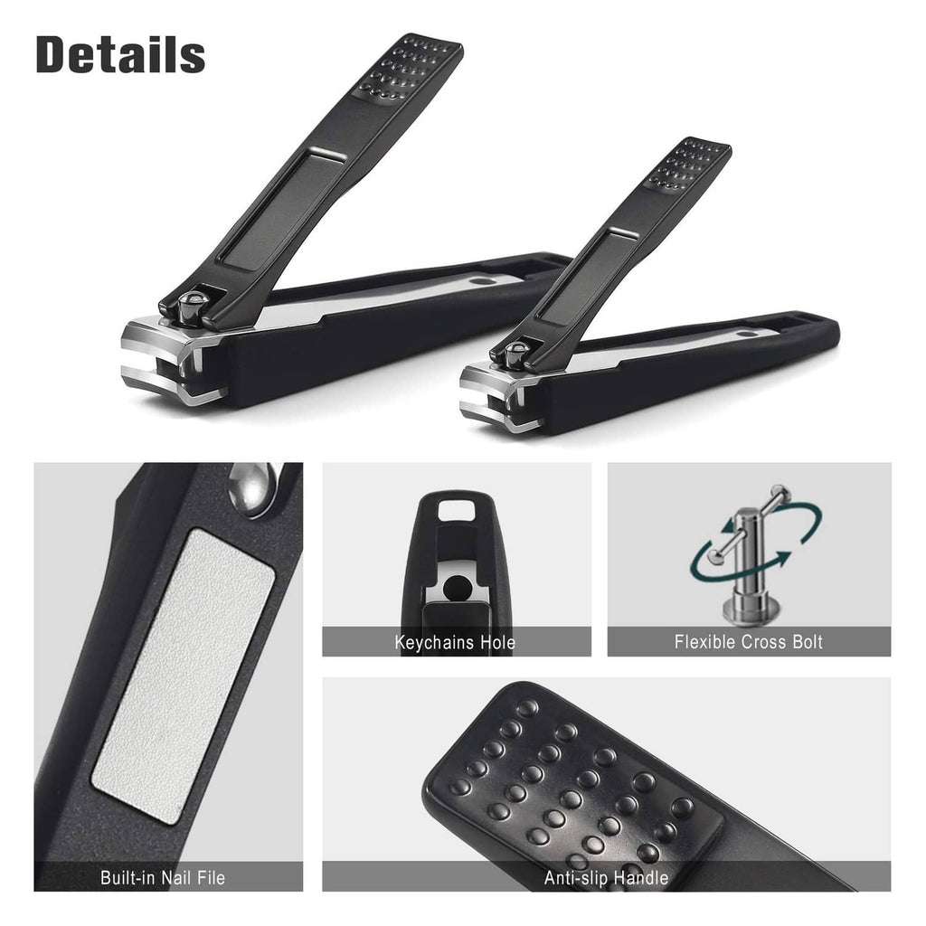 Black nail clipper set with built-in nail file, anti-slip handle, and keyring hole