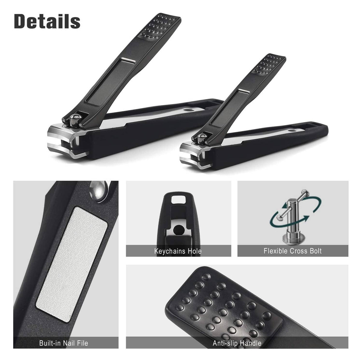 Black nail clipper set with built-in nail file, anti-slip handle, and keyring hole