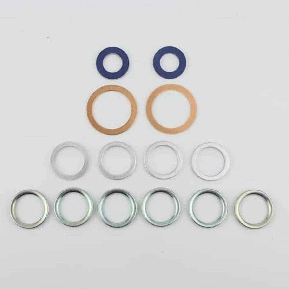 Drain plug gasket washers set in dark blue, copper, gray silver, and green metal tones