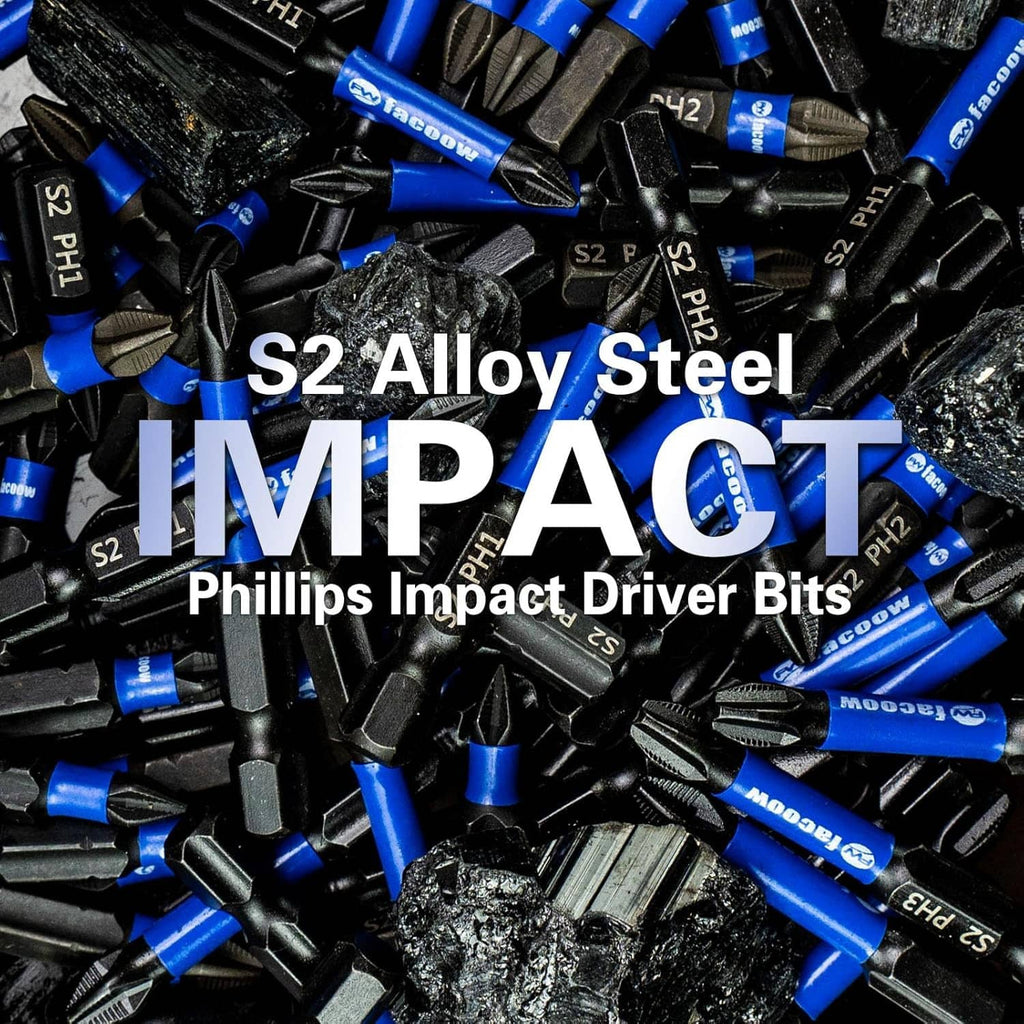 Phillips impact driver bits pile, blue shafts with black shanks and Phillips tips