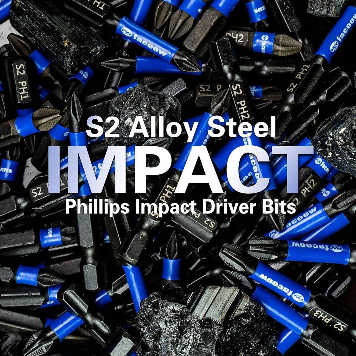 Phillips impact driver bits pile, blue shafts with black shanks and Phillips tips