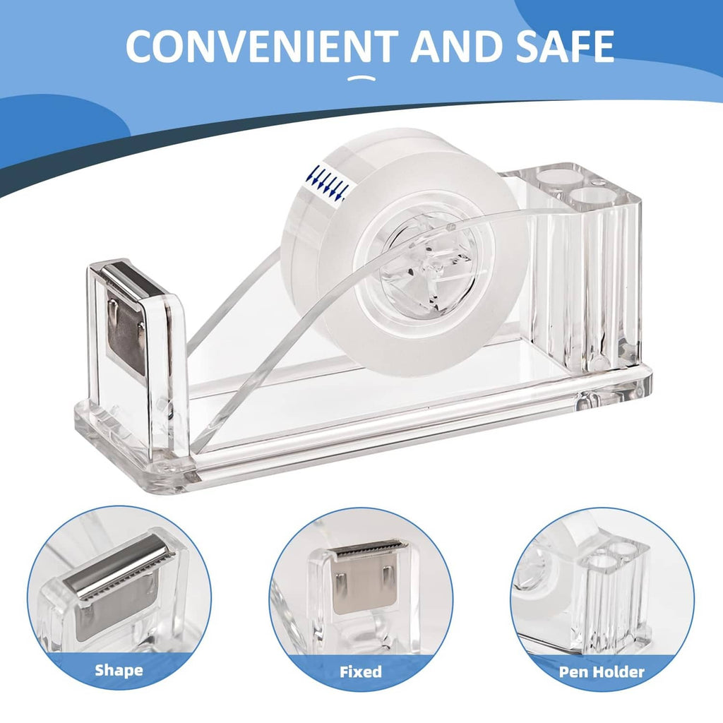 Clear acrylic tape dispenser with pen holder slot and fixed cutting blade bar