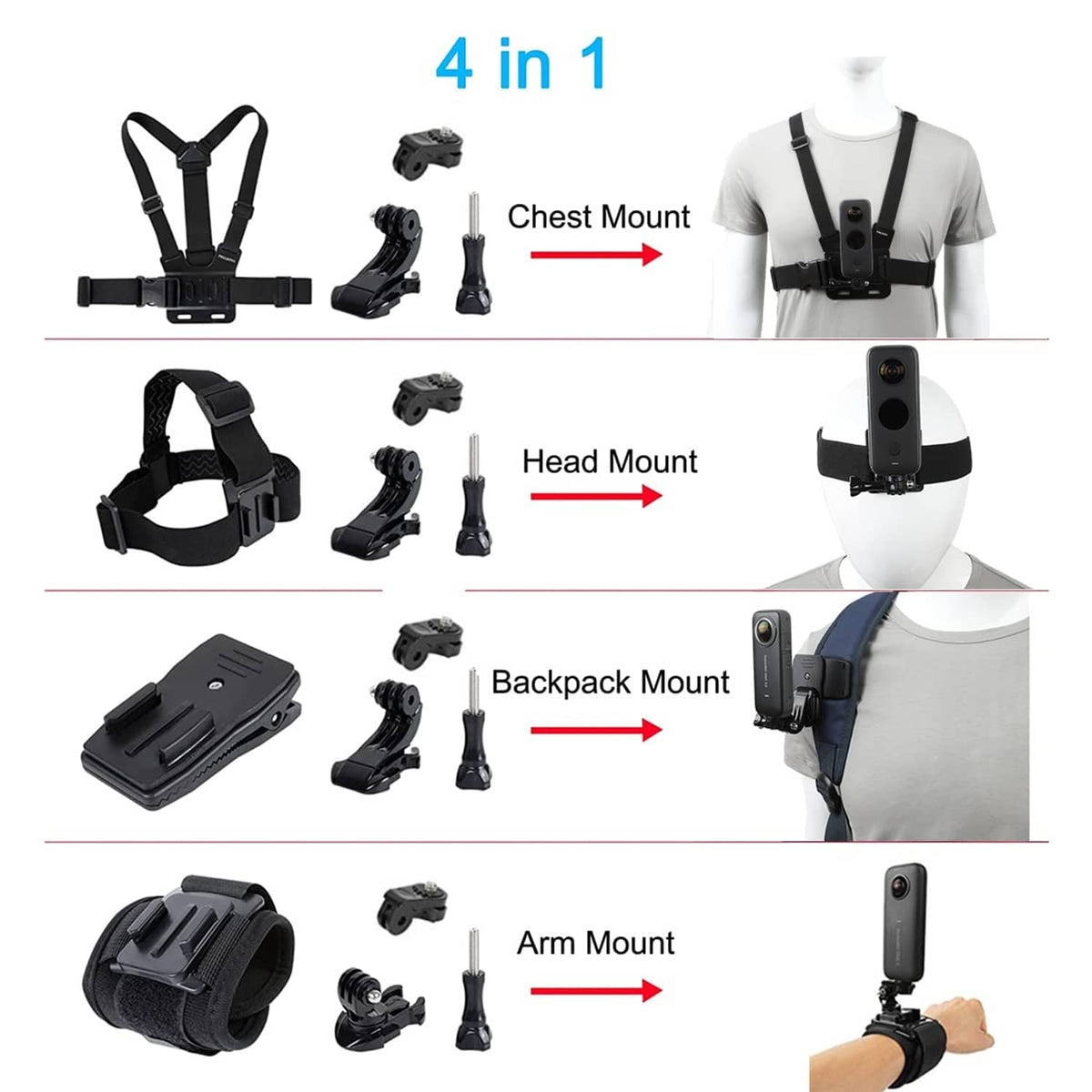 4-in-1 action camera mounting kit: chest, head, backpack, and arm mounts with parts