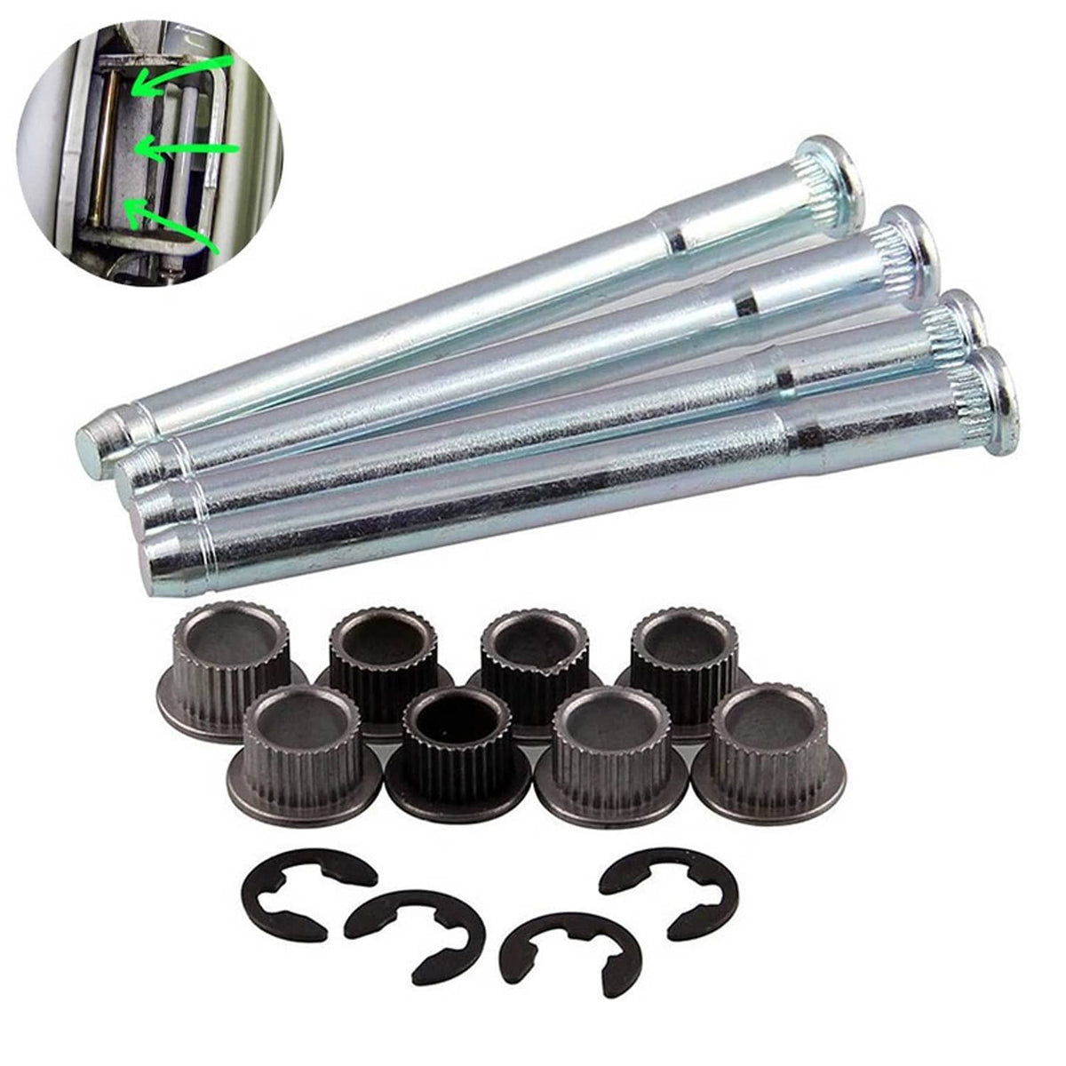 Door hinge pin and bushing kit with silver pins, black bushings, and mounting clips