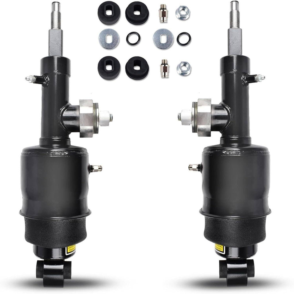 Two black rear air shock strut assemblies with silver end brackets and bolts