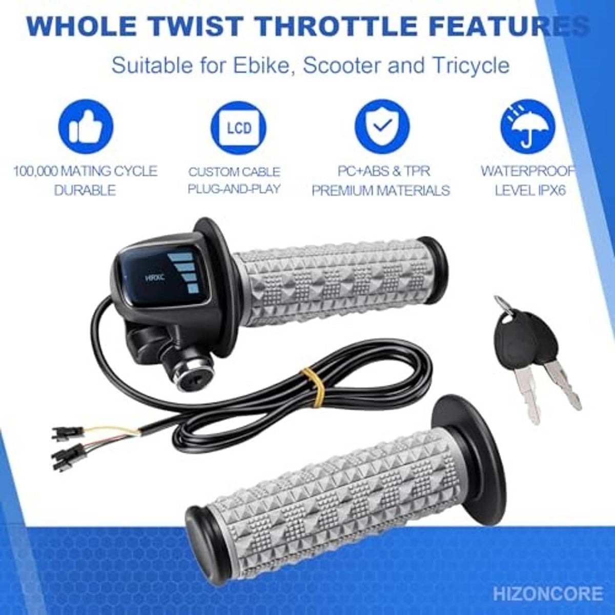 Full twist electric throttle with grey textured grips, black control unit, and wiring harness