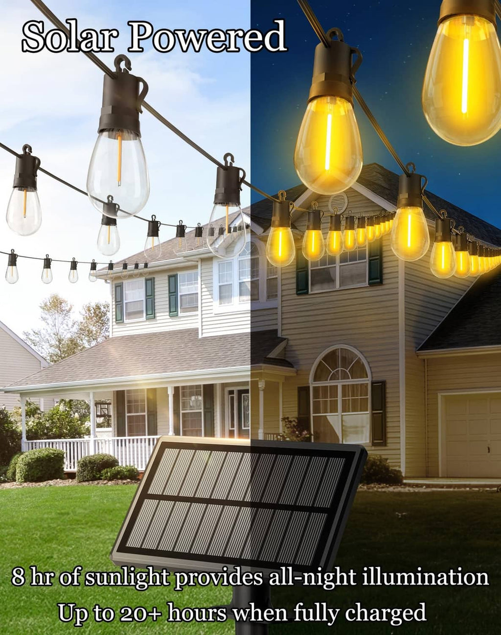 Solar powered outdoor string lights with clear bulbs and hanging black metal sockets