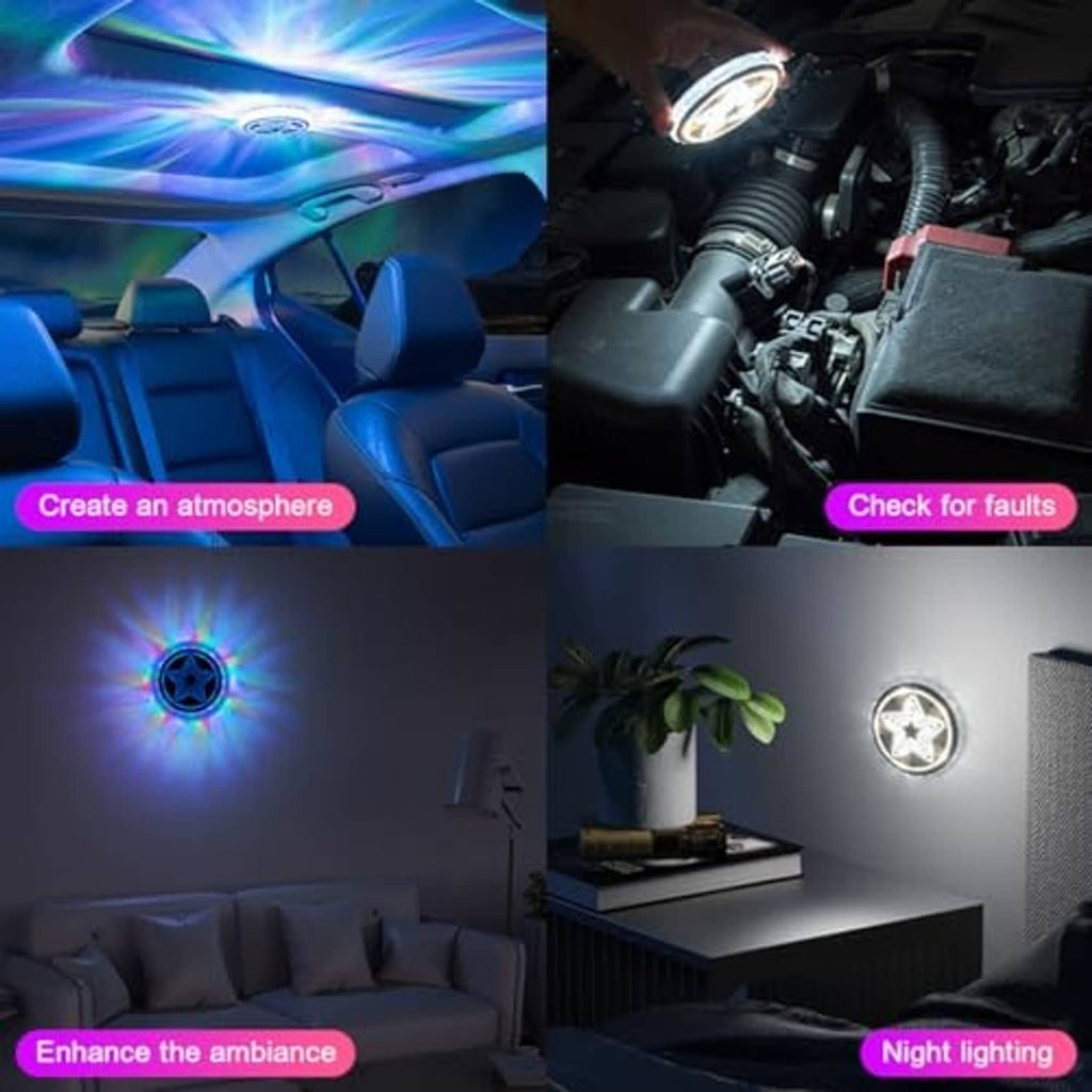 Round LED magnetic light glowing on a car ceiling and in a room, blue-white beam
