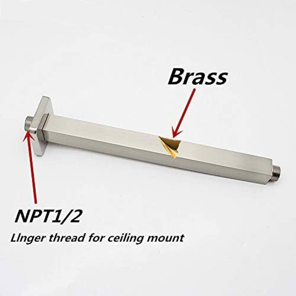 Brass shower arm extension with square flange plate and NPT 1/2 threaded ends