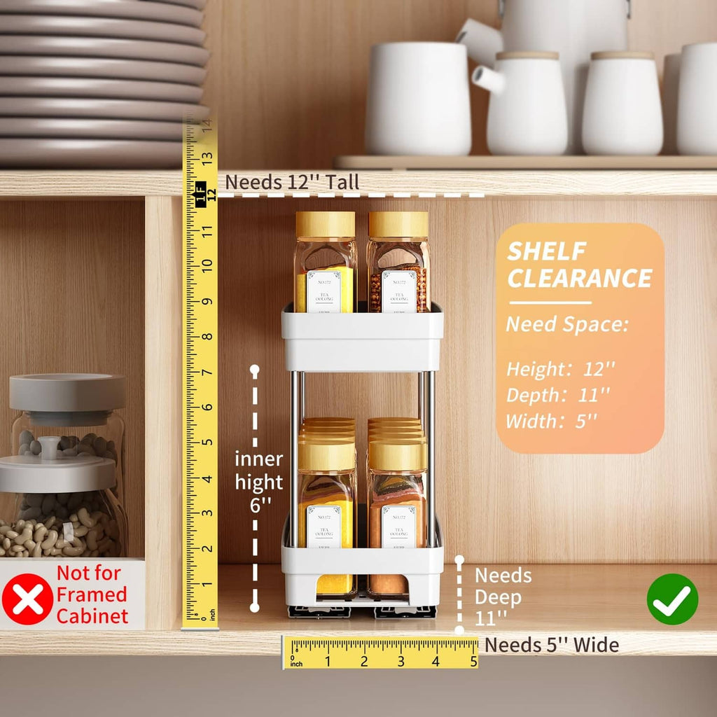 White pull-out spice rack organizer showing required cabinet clearance and inner shelf space