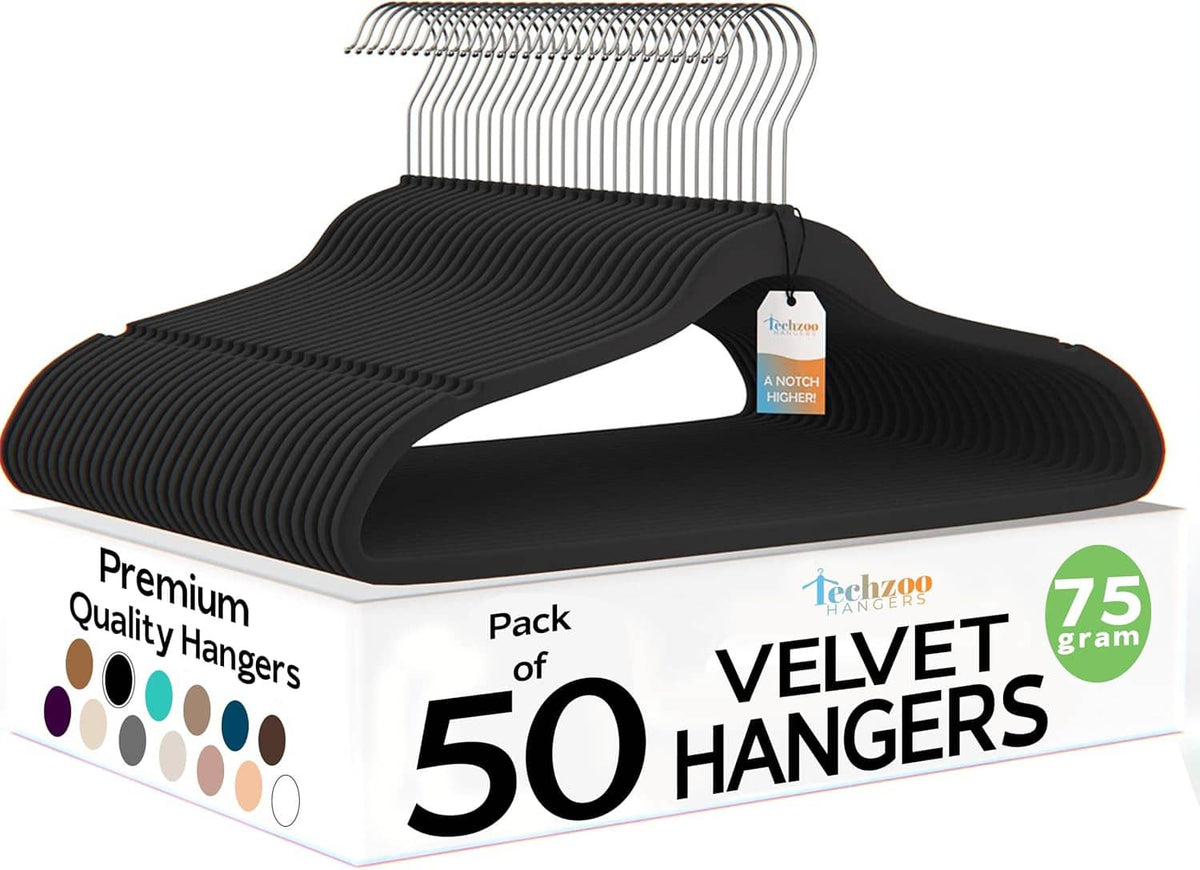 Boxed 50-pack black velvet non-slip hangers with ultra-thin felt design