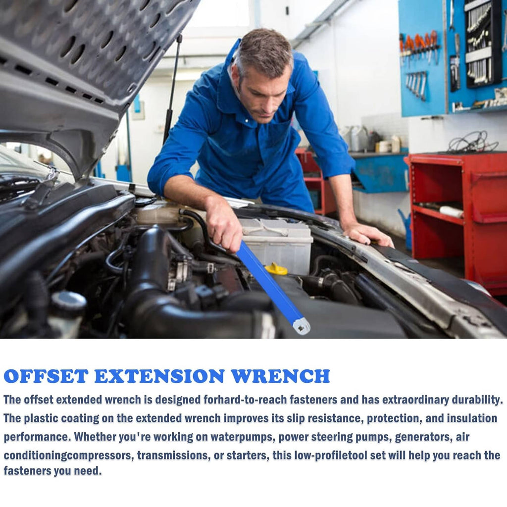 Blue offset extension wrench used on a car engine bay with ratchet head