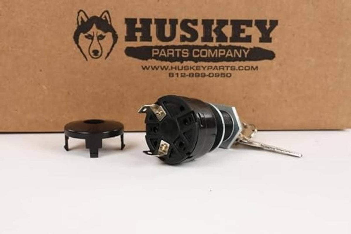 Golf cart ignition key switch with two keys and round mounting gasket, HUSKEY logo
