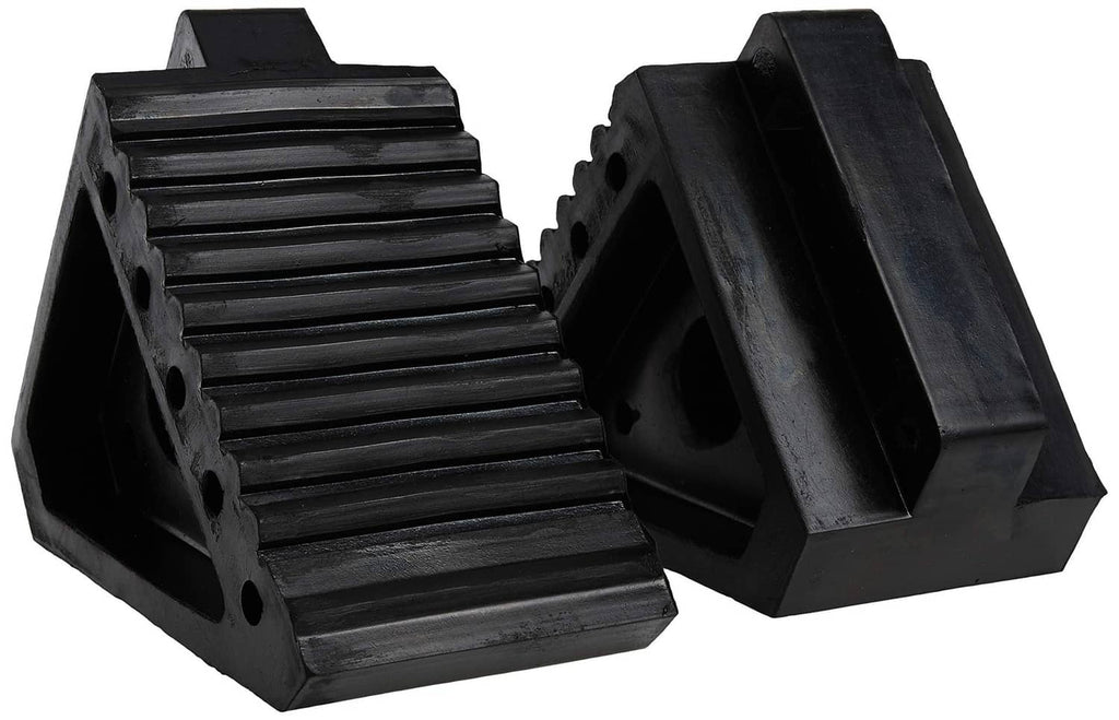 Black rubber wheel chocks set with ribbed tread and side drainage/bolt holes