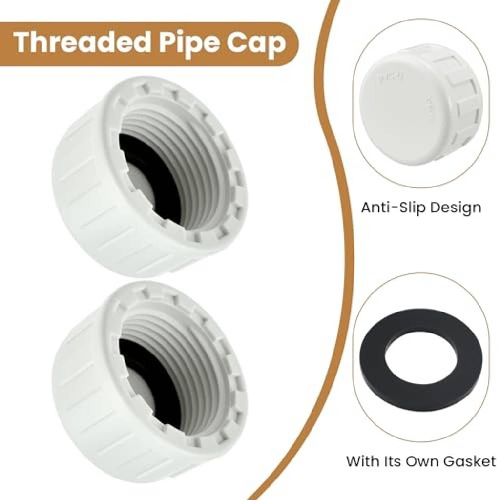 White threaded pipe cap with female threads and black gasket ring