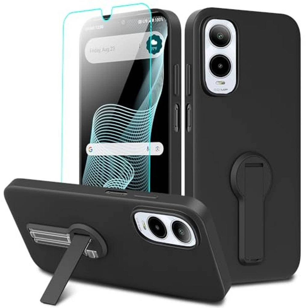 Black phone case with glass screen protector, dual camera cutouts, and kickstand ring