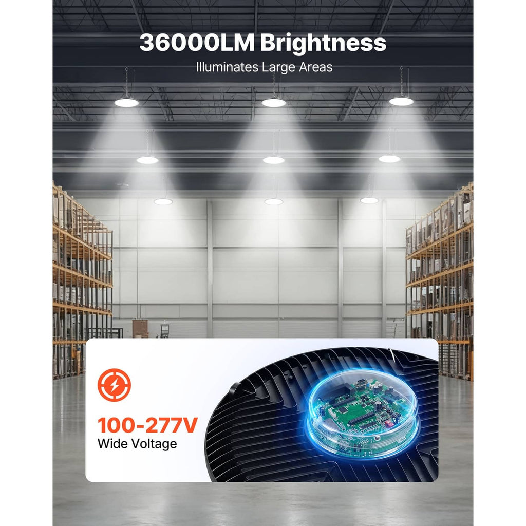 LED high bay light panel with round black housing suspended from the ceiling