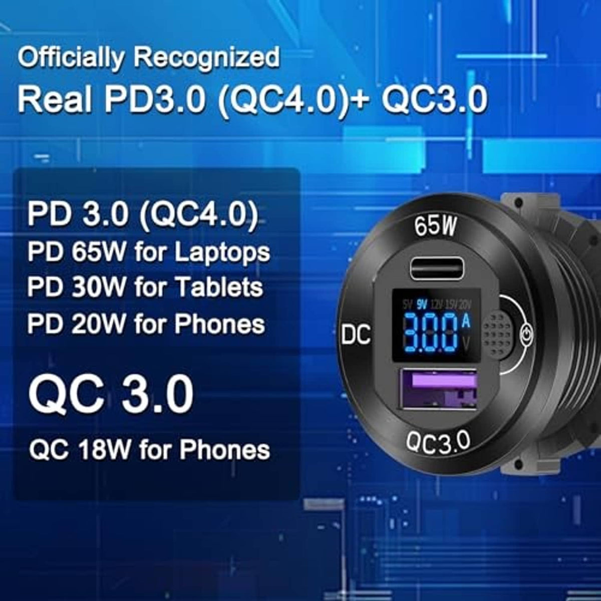 Black circular car USB-C charger with 65W screen, USB-C port, and QC 3.0 bar