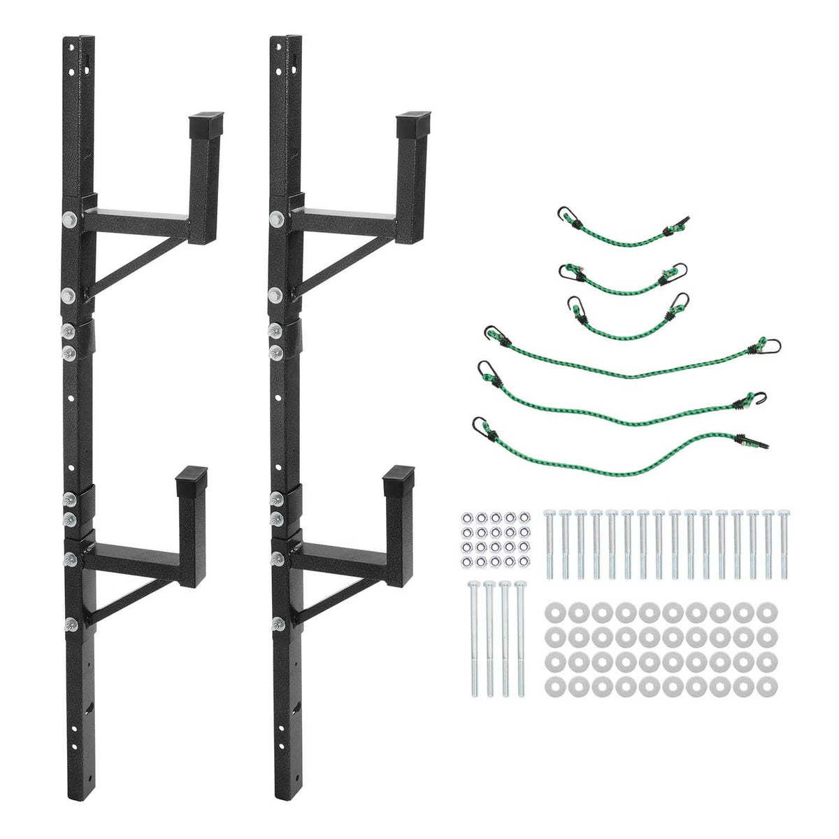 Adjustable trailer side ladder rack with two mounting posts and ladder support rungs