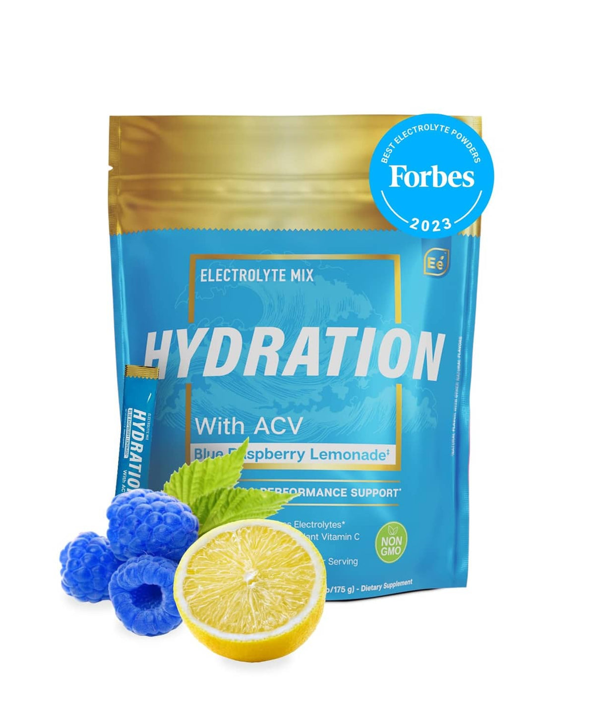Blue hydration electrolyte powder pouch with ACV, blueberry raspberry lemonade flavor.