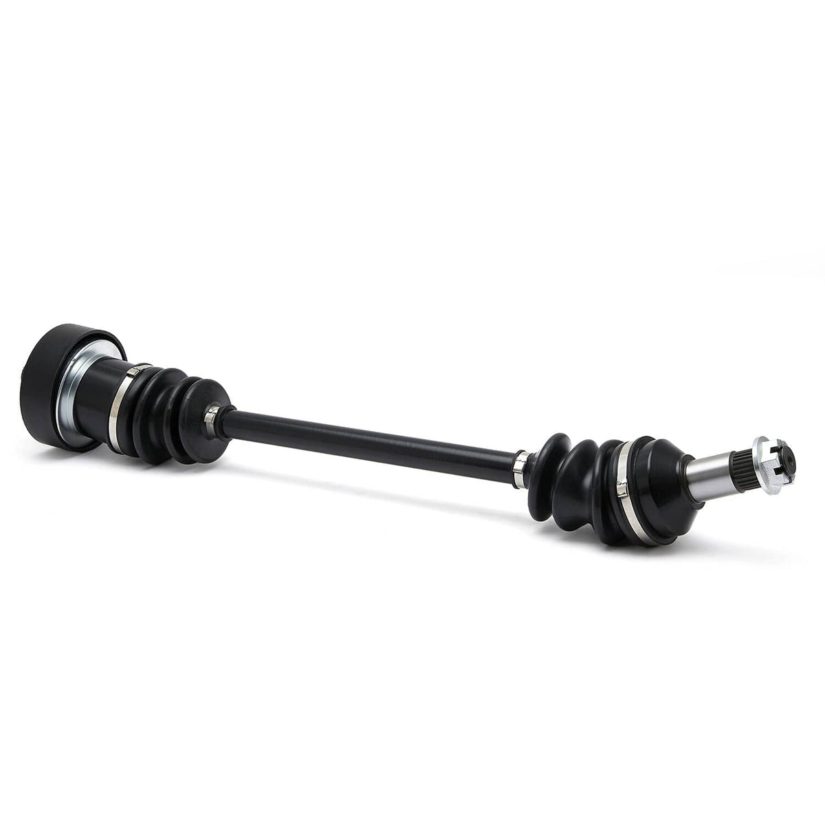 CV joint axle shaft with black rubber boots and silver spline connectors