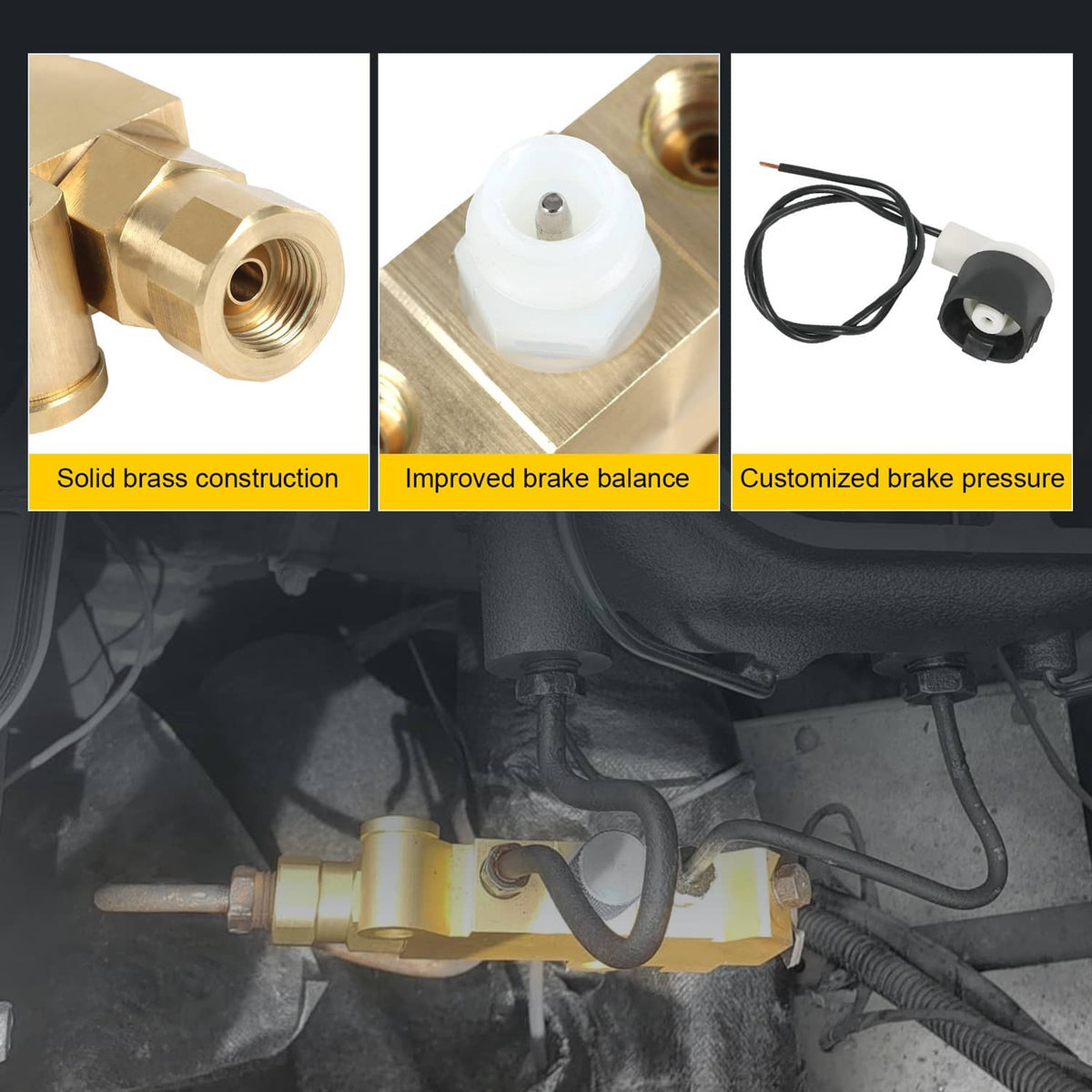 Brass brake proportioning valve installed with metal brake lines and mounting bracket