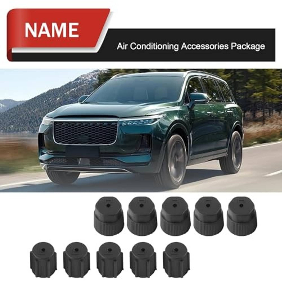 Row of black A/C valve caps with ridged sides and center holes for car fittings