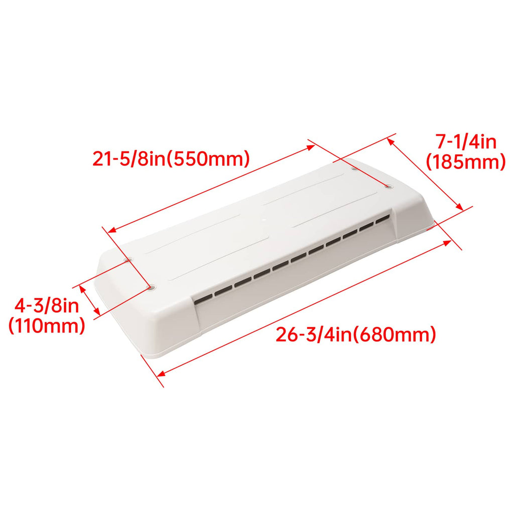 White refrigerator vent cover with louvered grille, showing size outline