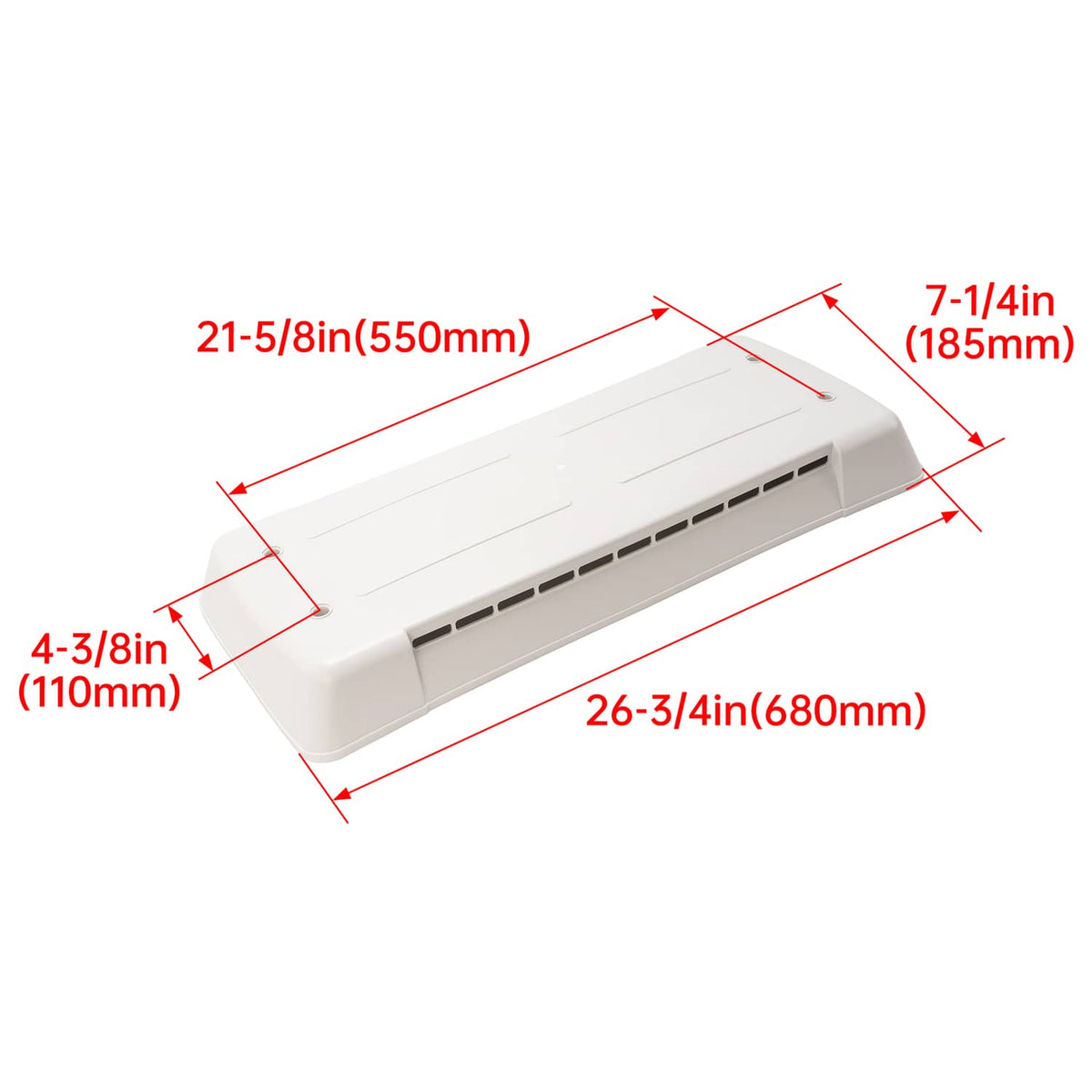 White refrigerator vent cover with louvered grille, showing size outline