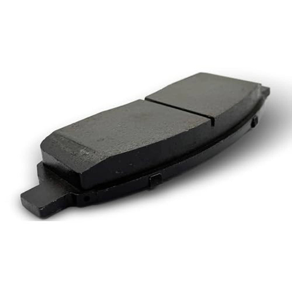 Ceramic brake pads with gray friction material and black backing plate, side view pair