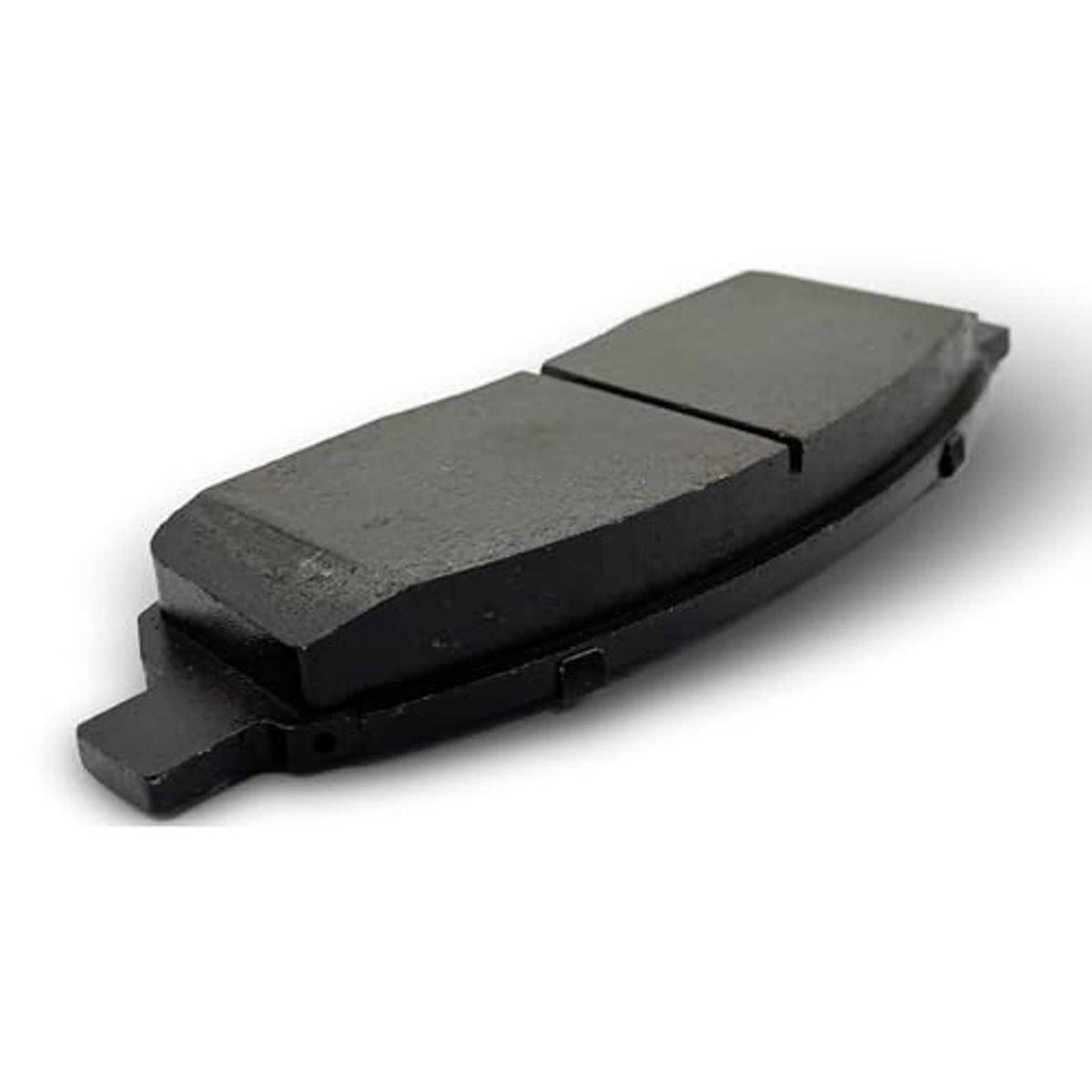 Ceramic brake pads with gray friction material and black backing plate, side view pair