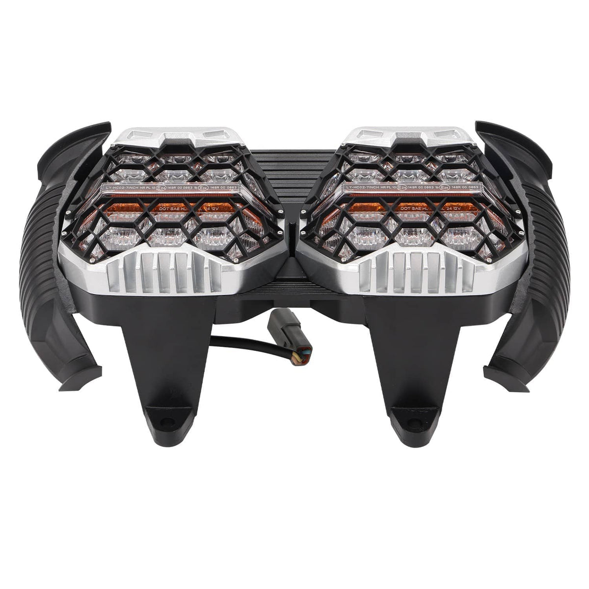 LED motorcycle headlight pair, close-up of multi-lens modules with orange DRL strip