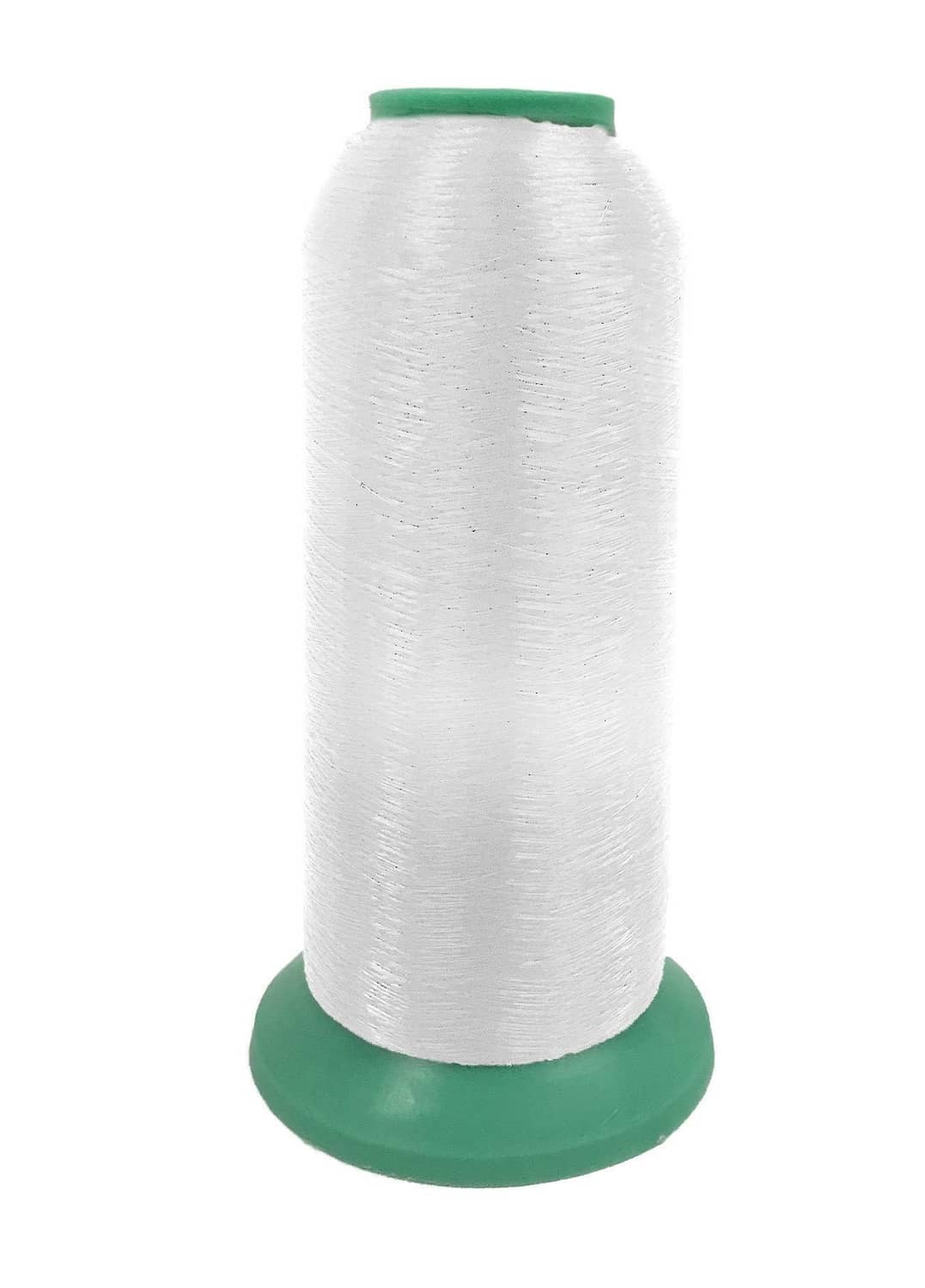 Clear polyester thread cone with white thread and green top ring
