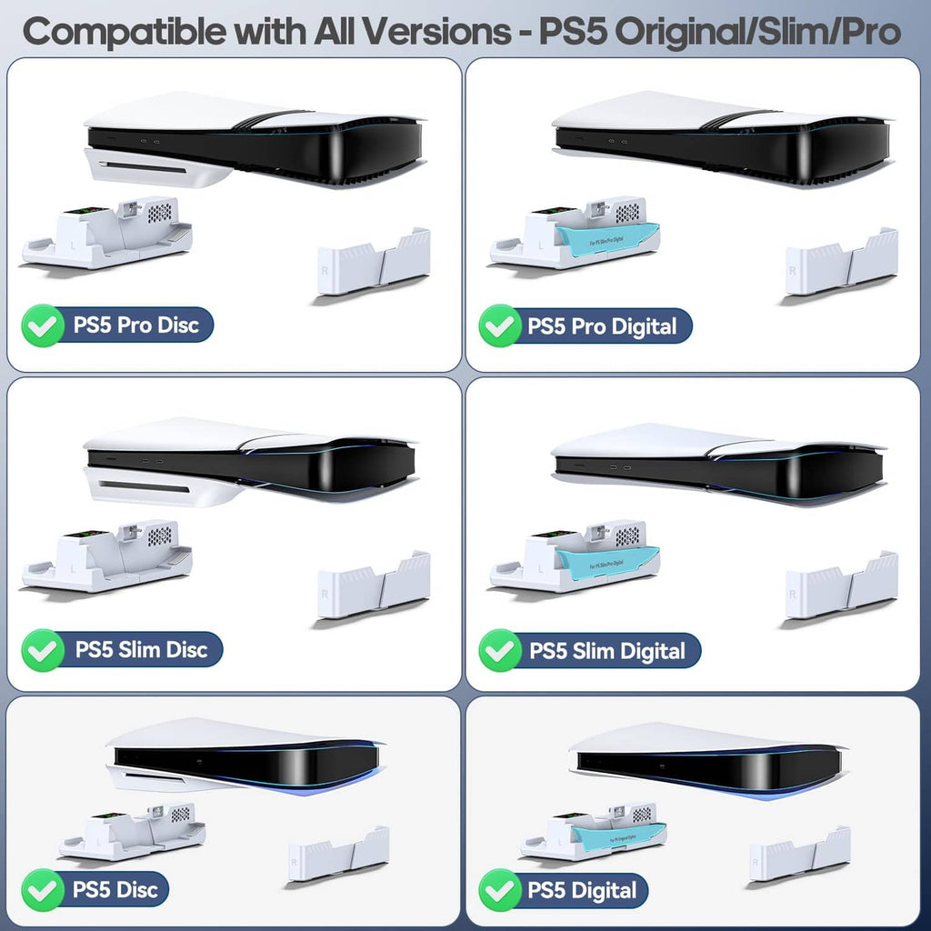 White horizontal console stand with cooling fan, shown for multiple console versions