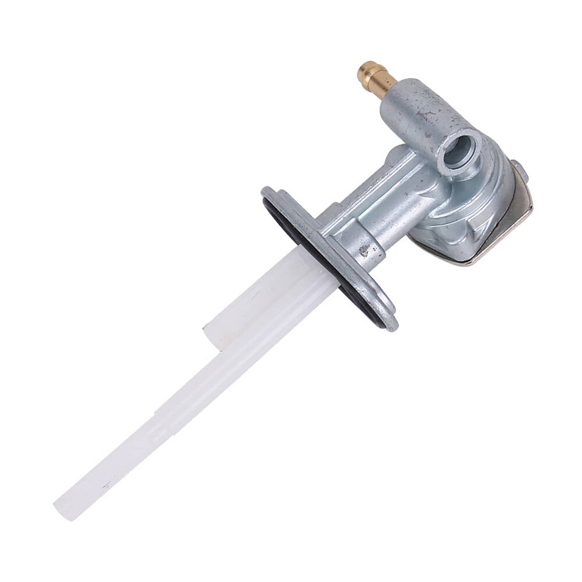Fuel tank petcock valve assembly with lever handle, metal body, and fuel inlet port