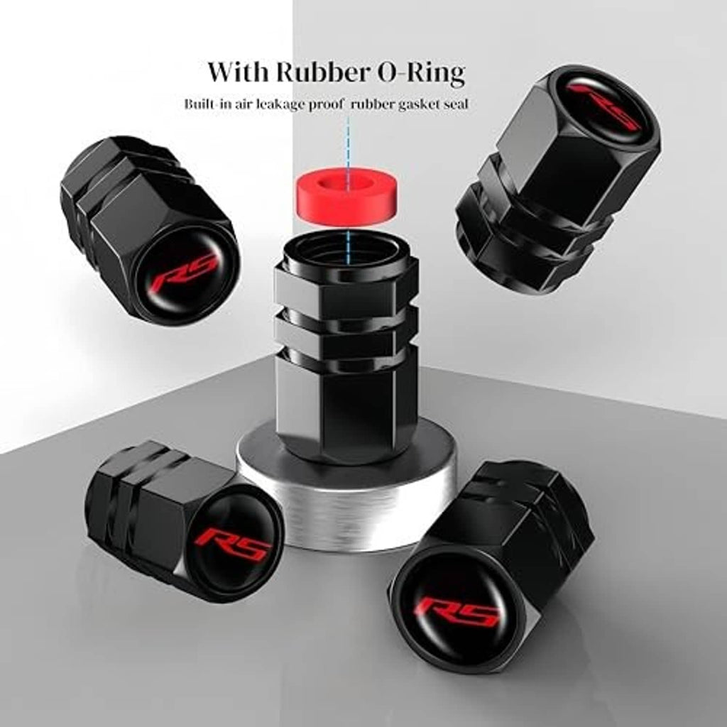 Set of black valve stem caps with red center O-ring, RS logo